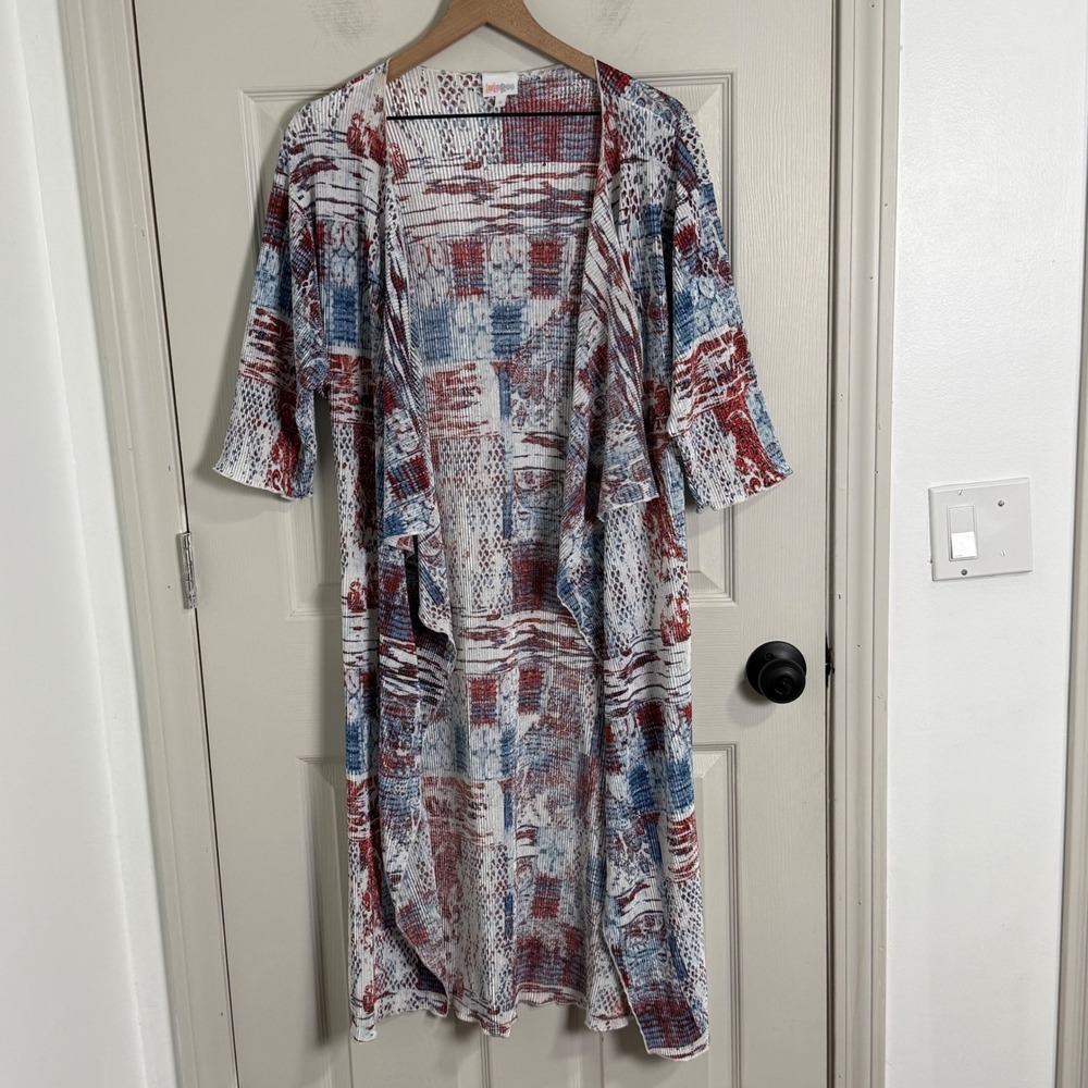 LuLaRoe Duster Cardigan Womens Small Red White Blue Abstract‎ Pleated Joy Layer